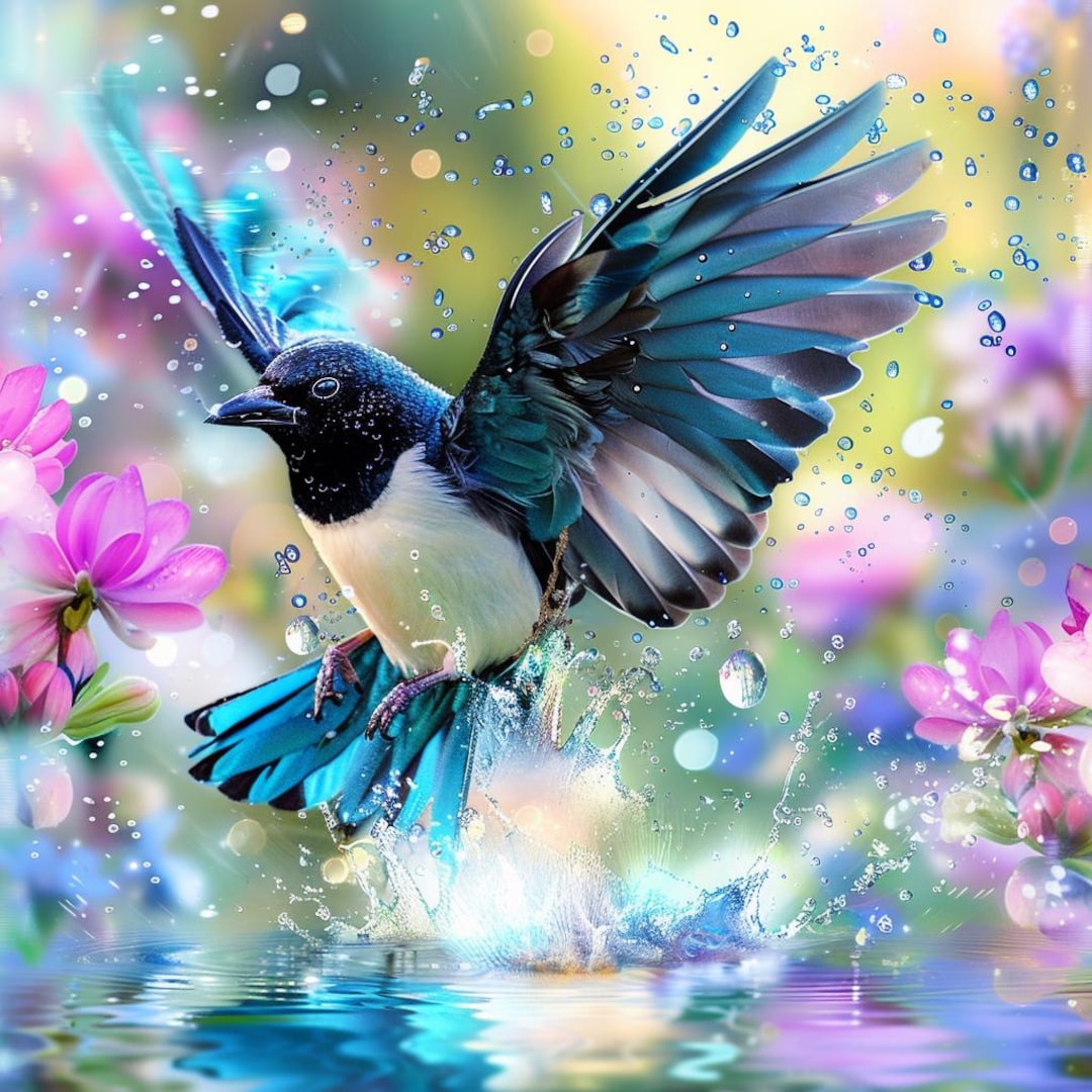 Spring Background Magpie 24 Bird Clipart, Blue Magpie Image, Spring Floral Clipart, Fantasy Bird ...