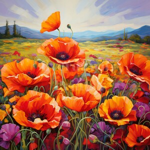 May include: A painting of a field of orange poppies with a blue mountain range in the background. The poppies are in various stages of bloom, with some fully open and others still in bud. The painting is done in a realistic style, with attention to detail in the petals and leaves of the flowers.