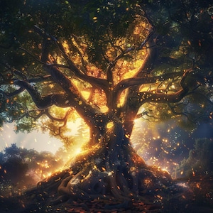 May include: A digital illustration of a large, ancient tree with a massive trunk and sprawling branches. The tree is illuminated with golden light, creating a mystical and enchanting atmosphere. The scene is set in a forest with a soft, diffused light.