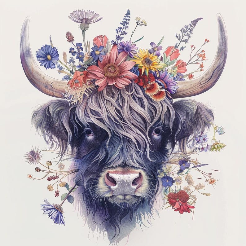 28 Highland Cow With Floral Crown Clipart, Watercolor Cow With Flowers ...