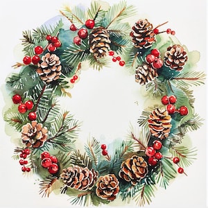 24 Christmas Wreath Clipart, Pinecone and Red Berries Wreath, Holiday Decor Clip Art, Festive Wreath Illustration
