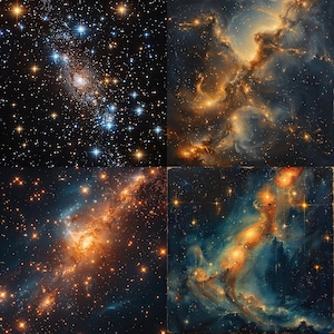 May include: A collage of four images showcasing different celestial nebulae. The top left image features a dense cluster of stars with a faint galaxy in the background. The top right image shows a swirling nebula with vibrant orange and yellow hues. The bottom left image displays a similar nebula with a more defined shape. The bottom right image features a nebula with a more intricate structure, showcasing a mix of blue, orange, and yellow colors.