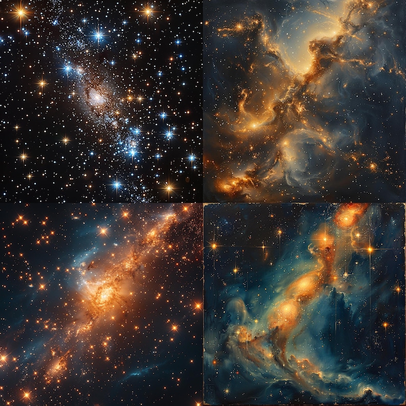 May include: A collage of four images showcasing different celestial nebulae. The top left image features a dense cluster of stars with a faint galaxy in the background. The top right image shows a swirling nebula with vibrant orange and yellow hues. The bottom left image displays a similar nebula with a more defined shape. The bottom right image features a nebula with a more intricate structure, showcasing a mix of blue, orange, and yellow colors.