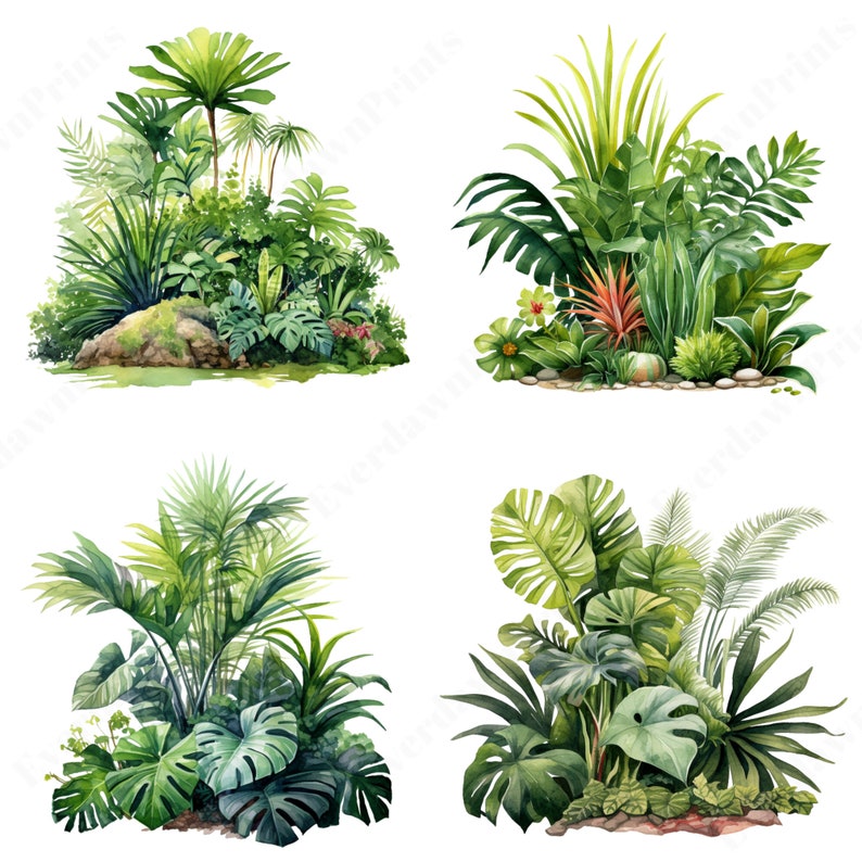 Collection of individual tropical leaf illustrations in vibrant green hues