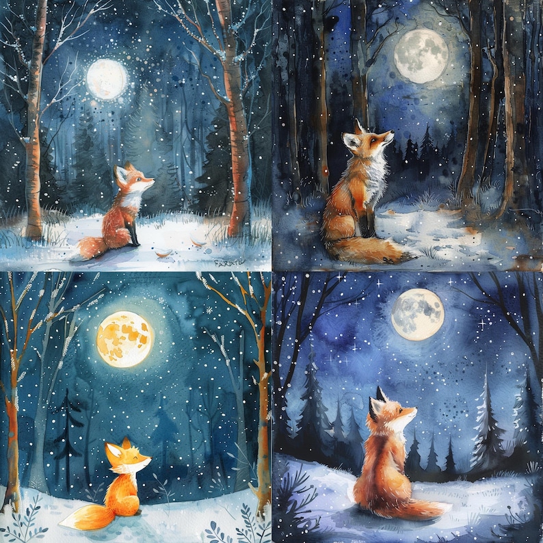 May include: A watercolour painting depicting four foxes gazing upwards at the moon in a woodland setting. Each fox is rendered in a different shade of blue, green, purple and orange. The moon is a different colour in each scene.