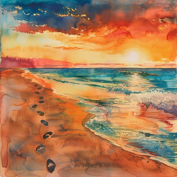 24枚のサンセットビーチクリップアート、水彩画のビーチアートワーク