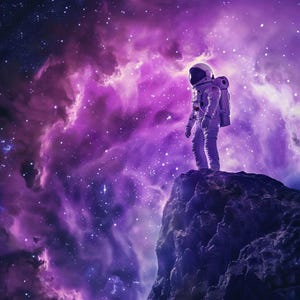 May include: An astronaut in a white spacesuit stands on a rocky cliff overlooking a purple and blue nebula filled with stars.