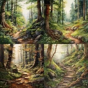 May include: A watercolor painting of a forest path with trees on either side. The path is winding and leads to a clearing in the distance. The trees are tall and green, and the leaves are a vibrant shade of green. The path is covered in fallen leaves and branches.