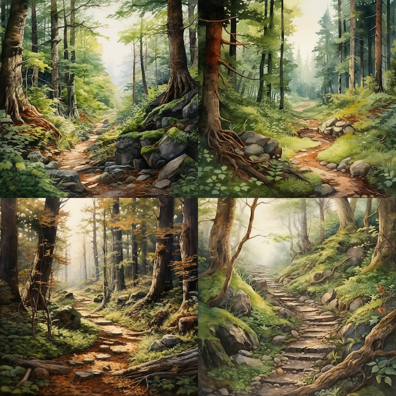 May include: A watercolor painting of a forest path with trees on either side. The path is winding and leads to a clearing in the distance. The trees are tall and green, and the leaves are a vibrant shade of green. The path is covered in fallen leaves and branches.