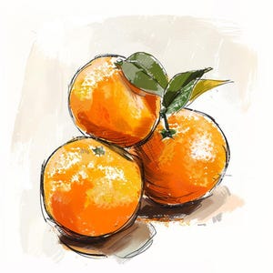Puede incluir: Tres naranjas enteras, dos están apiladas una encima de la otra, y la tercera está delante de ellas. Las naranjas son de color naranja brillante y tienen una superficie ligeramente texturizada. Las naranjas están dibujadas en un estilo acuarela con un fondo claro.