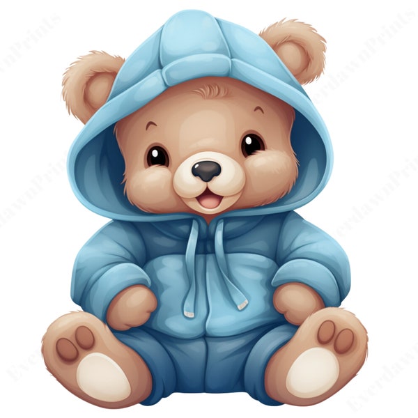 29 Watercolor Teddy Bear Hoodie Clipart, Teddy Bear Clipart, Transparent PNG, Baby Shower for a boy, Card Making, Nursery