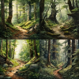 May include: Four different images of a lush green forest with a dirt path winding through the trees. The images show different perspectives of the forest, with some showing more sunlight than others.