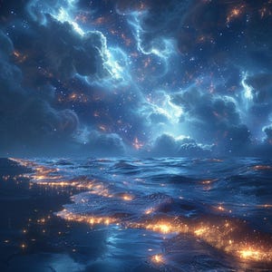May include: A dark blue ocean with a starry sky above. The water is illuminated by a soft, golden light, creating a magical and ethereal scene.
