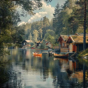 24 schilderachtige bosmeer met hut clipart, berglandschap illustraties, natuur illustratie om af te drukken, digitale download kunstafbeelding