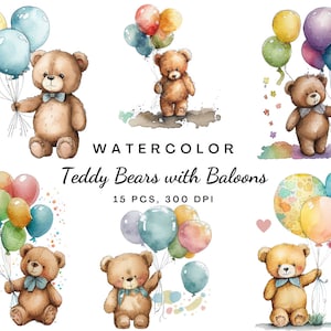 15 Teddybär Clipart, Teddybären mit Luftballons, hochwertige transparente PNG, Aquarell, Kartenherstellung, digitaler Planer