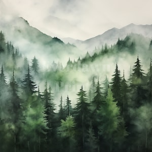 Op de afbeelding: Een aquarel schilderij van een mistig bos met hoge groene bomen en een bergketen op de achtergrond.