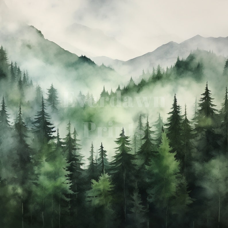 Op de afbeelding: Een aquarel schilderij van een mistig bos met hoge groene bomen en een bergketen op de achtergrond.