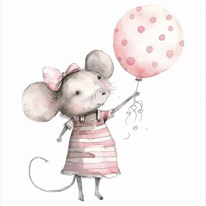 48 Imágenes prediseñadas de acuarela de ratón con globo, adorable arte digital de ratón, imágenes prediseñadas de decoración de pared para guardería, imágenes prediseñadas de ratón de dibujos animados caprichosos imprimibles