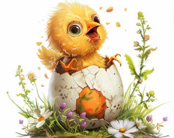 28 Easter Chick Clipart, Baby Chicken Hatching, Egg Shell Art, Floral Design, Spring Graphics, Commercial Use, Digital Download