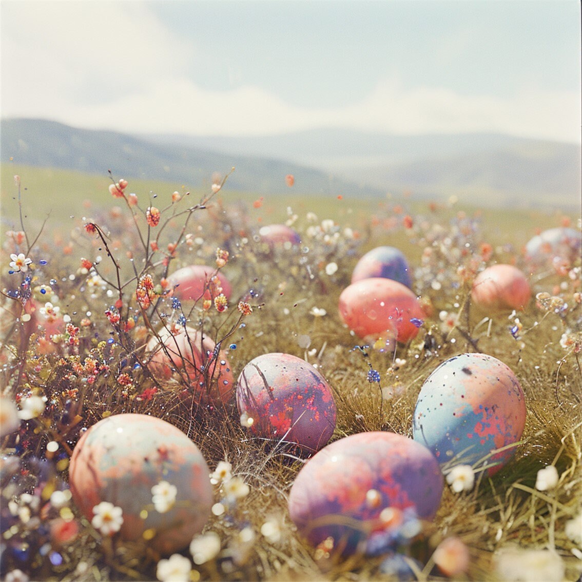 20 Spring Meadow Easter Eggs Clipart, Spring Meadow Easter Eggs Digital
