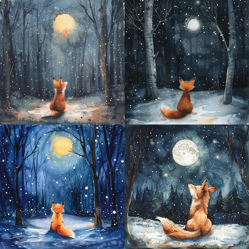May include: A digital illustration depicting four scenes with a fox in a winter woodland. Each scene showcases a different moon phase and a fox gazing upwards at the moon. The fox is orange with white markings. The woodland is dark blue with white snow.
