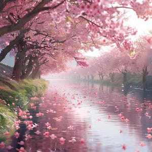24 hermosas imágenes prediseñadas de flores de cerezo rosa, arte digital floral primaveral romántico, escena de río sereno, perfecto para manualidades, descarga digital