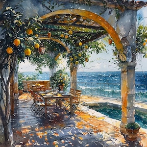 44 Clipart romantique de terrasse en bord de mer méditerranéen, superbe illustration de balcon avec vue sur la mer, téléchargement numérique, clipart aquarelle de paysage