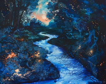 May include: An original painting depicting a nighttime forest scene. A winding blue river flows through the center, surrounded by dark trees and illuminated by glowing orange and white lights. The sky transitions from blue to orange.