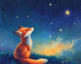 May include: A charming illustration of a fox looking up at a night sky filled with stars. The fox, with its orange and white fur, sits on a grassy bank. The night sky is a deep blue, with yellow stars and a warm, glowing horizon.