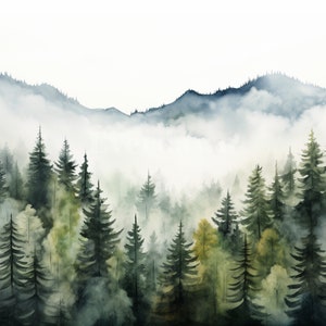 Aquarel mistig bos clipart, Misty Forest aquarel, digitale download, natuur clipart, bos achtergronden, Instant Download