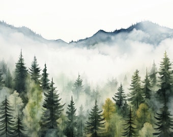 Watercolor Foggy Forest Clipart, Misty Forest Watercolor, Digital Download, Nature Clipart, Forest Backgrounds, Instant Download