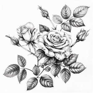 Op de afbeelding: Een zwart-witte potloodtekening van een boeket rozen met bladeren en knoppen.