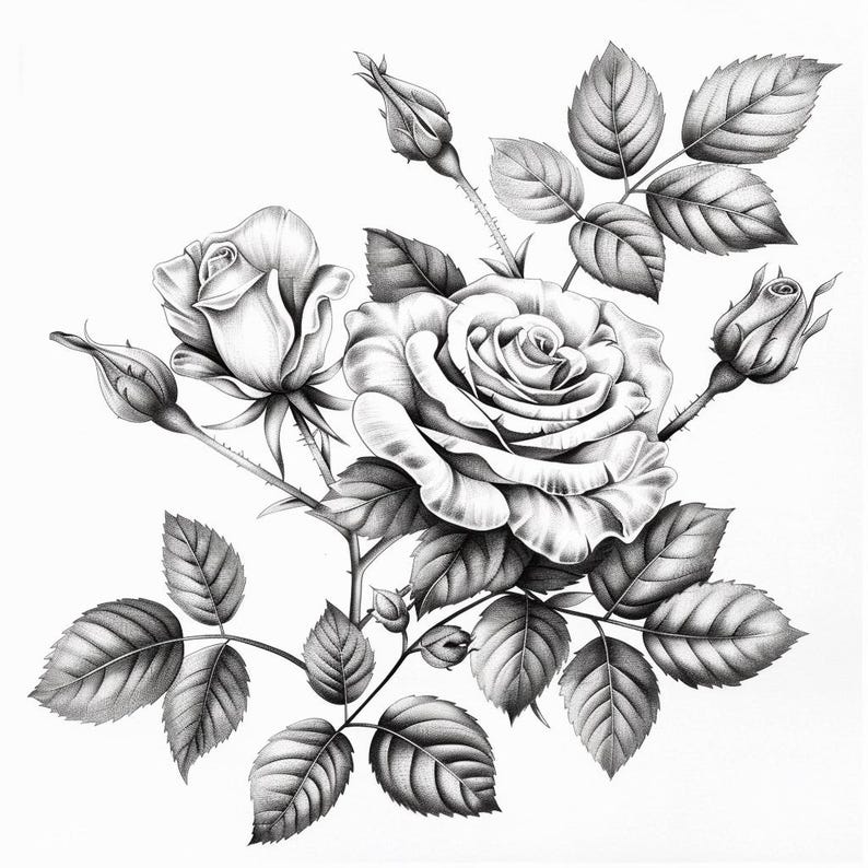 Op de afbeelding: Een zwart-witte potloodtekening van een boeket rozen met bladeren en knoppen.