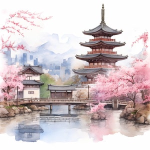 28 imágenes prediseñadas de Kioto en acuarela - Imágenes prediseñadas de Japón en formato PNG - Sakura PNG - Creación de tarjetas - Imágenes prediseñadas asiáticas - Descarga instantánea para uso comercial