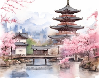 28 Watercolor Kyoto Clipart - Japan Clipart in PNG format - Sakura PNG - Card Making - Asian Clipart - Instant download for Commercial use