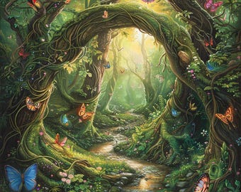 24枚の魔法の森のクリップアート、魔法の自然の風景、蝶と小川の