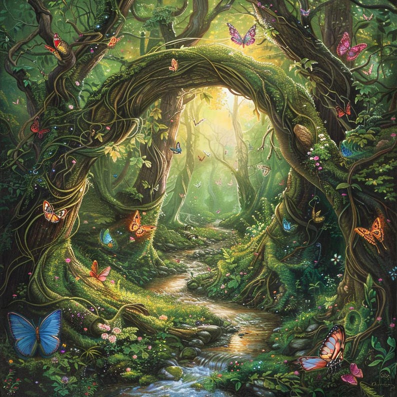 May include: A whimsical forest scene with a winding path leading through a lush green canopy. The path is lined with a stream and surrounded by vibrant butterflies in various colors, including blue, pink, orange, and yellow.