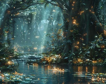 May include: A serene forest scene with a shimmering pond reflecting the surrounding trees. The image is filled with lush greenery, illuminated by soft, golden lights, creating a magical and ethereal atmosphere. The water's surface is calm, enhancing the tranquil mood.