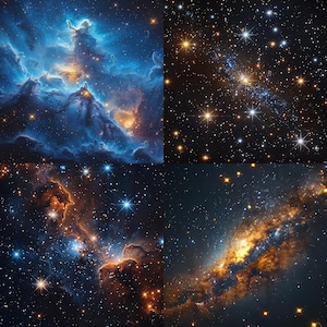 May include: A collage of four images showcasing different nebulae in space. The images feature swirling clouds of gas and dust in shades of blue, orange, and yellow, with scattered stars throughout.