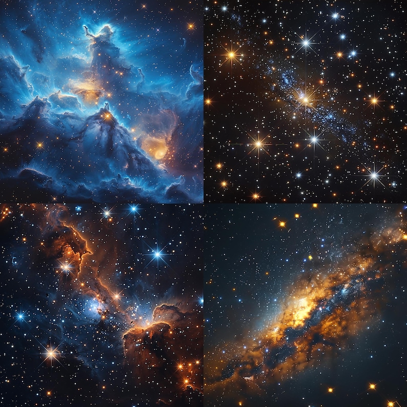 May include: A collage of four images showcasing different nebulae in space. The images feature swirling clouds of gas and dust in shades of blue, orange, and yellow, with scattered stars throughout.