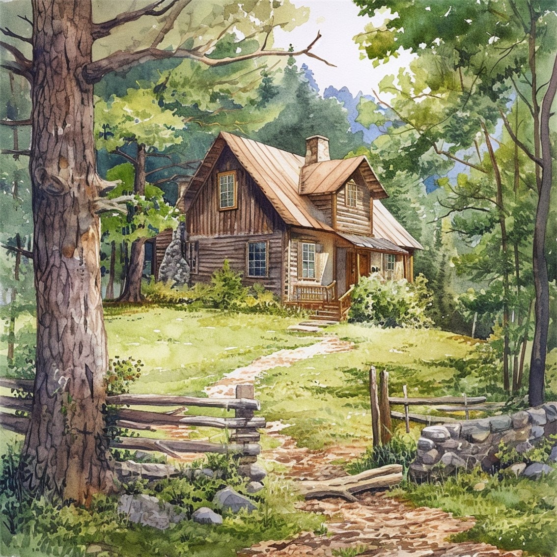 24 Charming Cottage in a Forrest, Watercolor Forest Background, High ...
