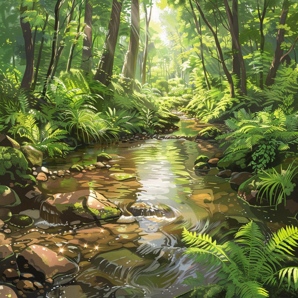 48枚の森の小川のクリップアート、緑豊かな風景、自然のイラスト