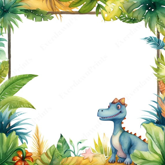 12 Watercolor Jurassic Palm Leaves Frames, Dino Borders, Dino