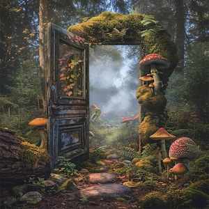 May include: A wooden door with a mossy archway leads to a magical forest. The door is open, revealing a path lined with mushrooms of various colors and sizes. The scene is bathed in a soft, ethereal light.