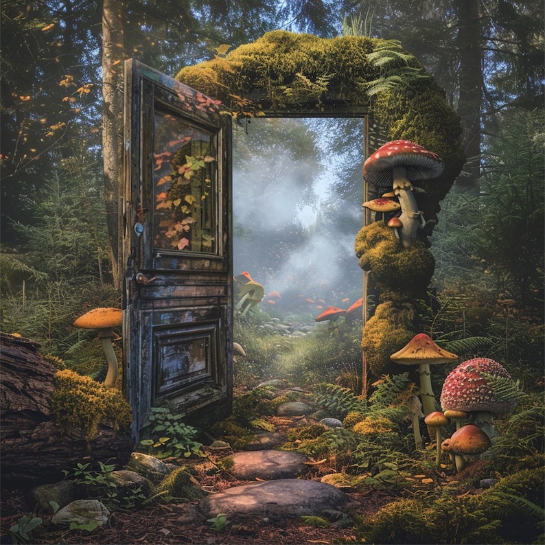 May include: A wooden door with a mossy archway leads to a magical forest. The door is open, revealing a path lined with mushrooms of various colors and sizes. The scene is bathed in a soft, ethereal light.