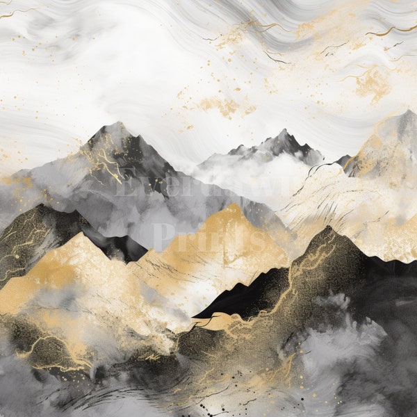 24 Watercolor Gold and Black Mountain, 300 dpi, Watercolor Mountain Clipart,  Mountain Landscapes, High Quality PNG Card Making