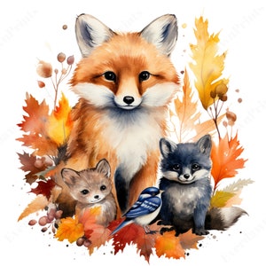 18 Watercolor Autumn Wildlife, Transparent PNG, Baby Shower, Nursery, Fall, Autumn Clipart, Woods, Instant Digital Download, Fox, Bird