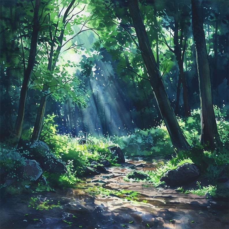 Sunlight filtering through dense foliage in a serene forest setting