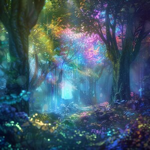 28 魔法の森のクリップアート、魔法の森のデジタルアートファンタジー森林イラスト、神秘的な自然の風景カラフルな木々のデジタルダウンロード