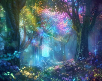 May include: A magical forest scene with glowing blue lights and colorful foliage. The trees are tall and have a mystical feel. The light creates a dreamy atmosphere.